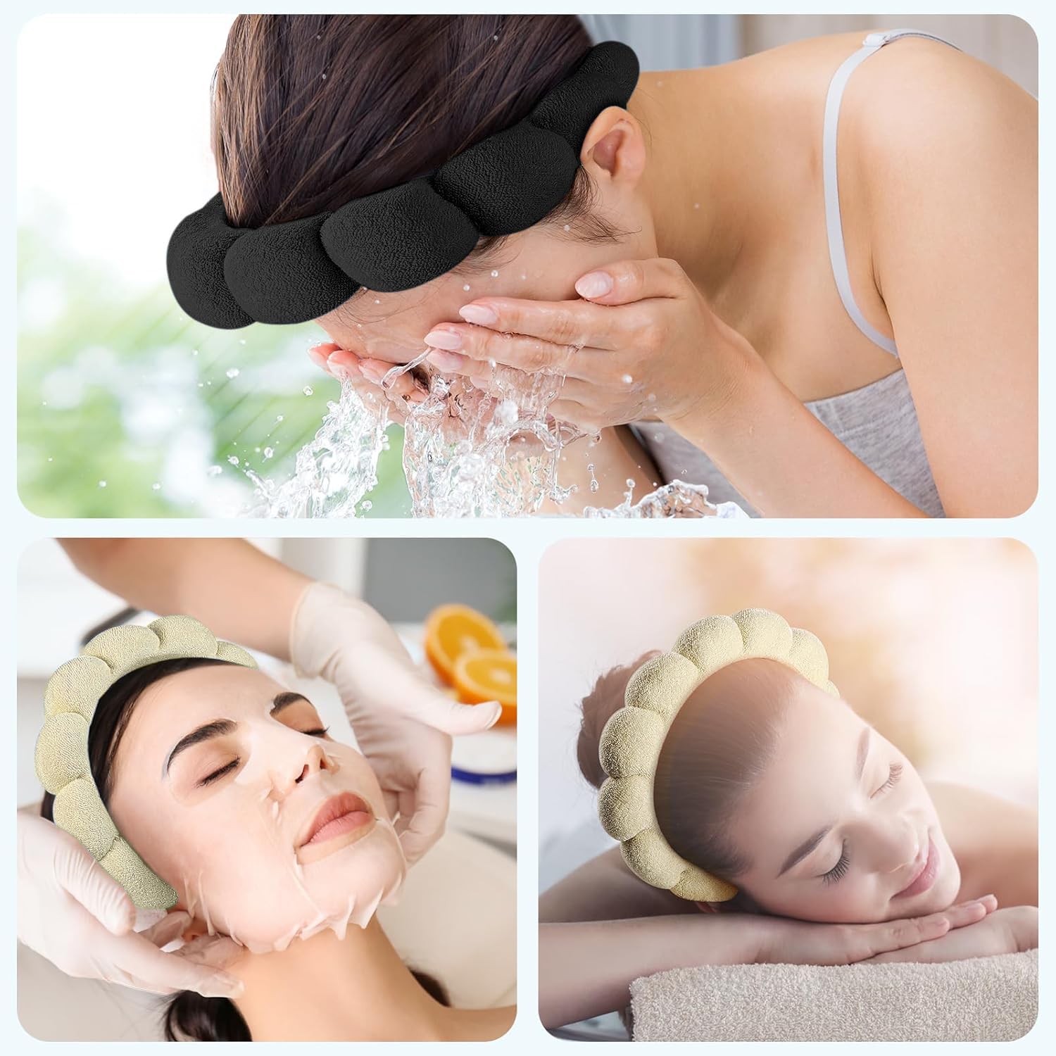 Ztomine Skincare Headband, Set of 2 - Terry Cloth Face Wash Headband Combo Pack - Puffy Makeup Headbands for Face Washing, Mask (beige + black)