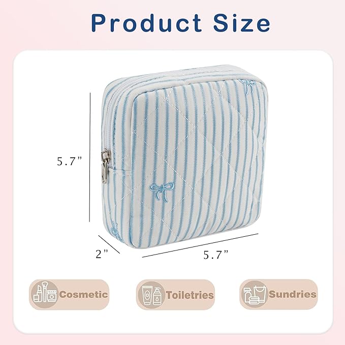 RSRSLEII Small Quilted Striped Cosmetic Pouch for Purse, Mini Cotton Makeup Bag with Compartments, Cute Zipper Lipstick Holder for Women (28 White Stripes)