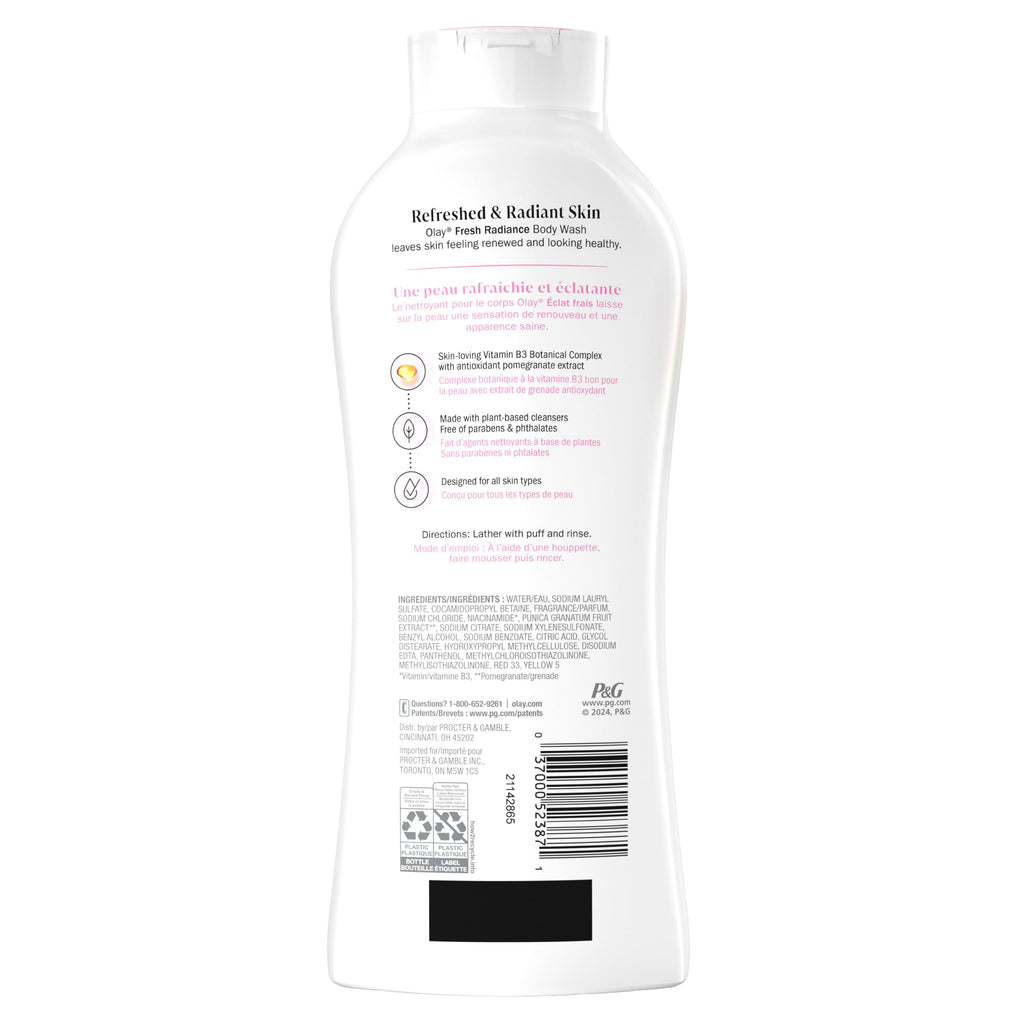 Olay Body Wash for Women, Fresh Radiance, Refreshing & Renewing, Made with Plant Based Cleansers, B3 Botanical Complex, For All Skin Types, Rose Water & Sweet Nectar Scent, 22 fl oz (Pack of 4)