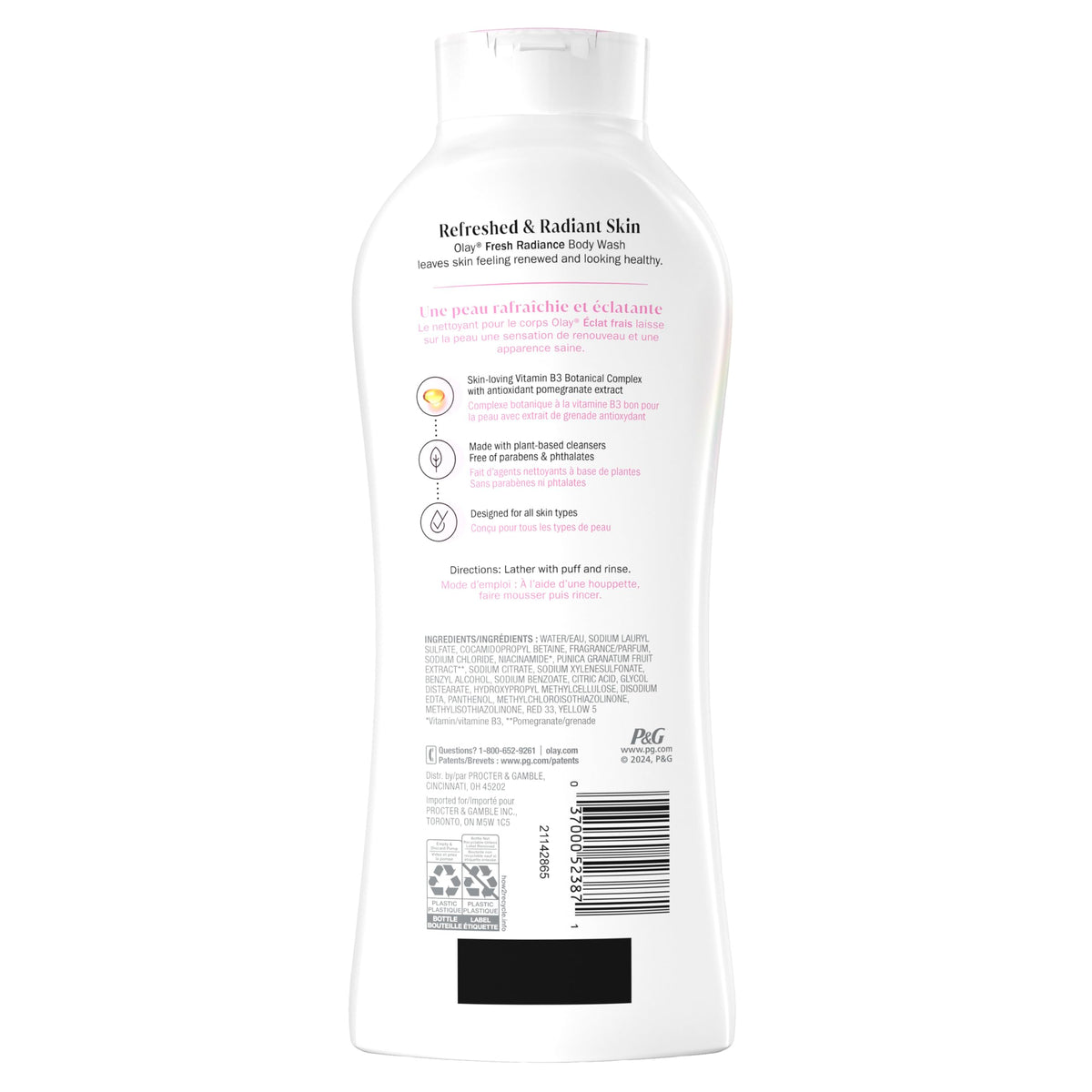 Olay Body Wash for Women, Fresh Radiance, Refreshing & Renewing, Made with Plant Based Cleansers, B3 Botanical Complex, For All Skin Types, Rose Water & Sweet Nectar Scent, 22 fl oz (Pack of 4)