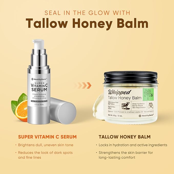 Beef Tallow Honey Balm for Skin: 100% Grass Fed Organic Moisturizer with Organic Raw Honey, Jojoba Oil, Vitamin E – Natural Face and Body Care for Mature, Dry or Sensitive Skin, 2oz, Pack of 2