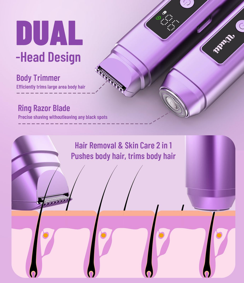 Dynooper Electric Bikini Trimmer for Women: IPX7 Waterproof Dual Head Cordless Electric Shaver for Women with LED Display & 0.5mm Ceramic Blades for Pubic Hair, Face, Legs - Grape Purple