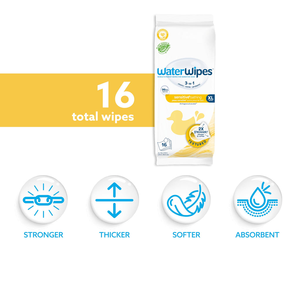 WaterWipes Sensitive+ Bathing Wipes, 3-In-1 Cleans, Cares, Protects, 99.9% Water, Unscented & Hypoallergenic, 16 Count (1 Pack)