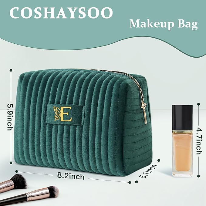 COSHAYSOO Bridesmaid Proposal Engagement Gifts Bridal Shower Bachelorette Party Favors Makeup Bag Quilted Make Up Cosmetic Pouch for Bride to Be Maid of Honor Godmother Emerald Green Initial Letter E
