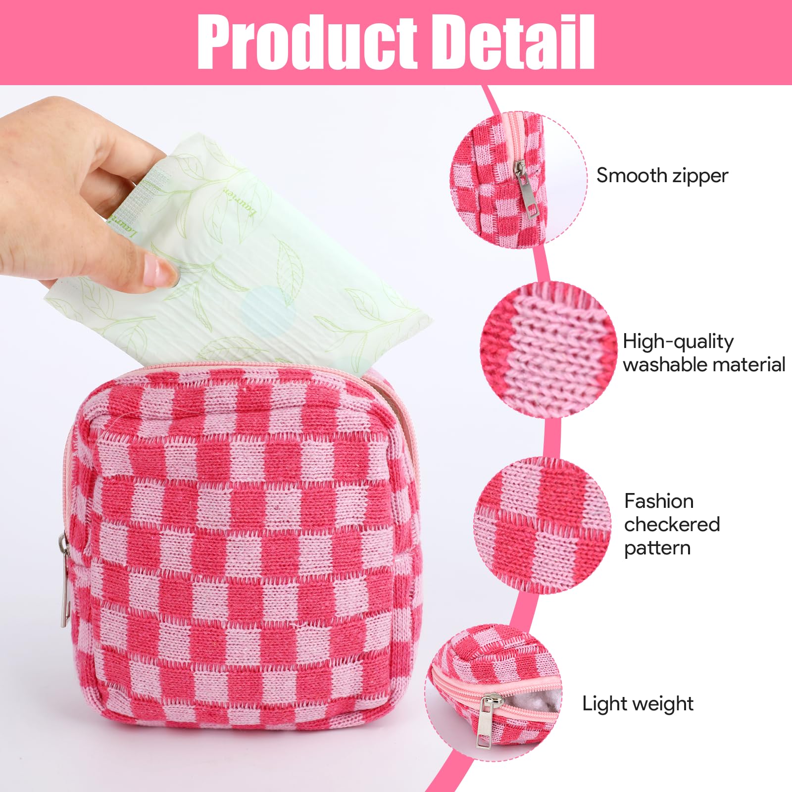2 Pcs Sanitary Napkin Storage Bag, Zipper Checkered Sanitary Pouch Period Bags, Portable Tampon Pad Pouch Pad Bag for Women Travel Daily, Reusable Period Bag for Teen Girls for School Women Pink