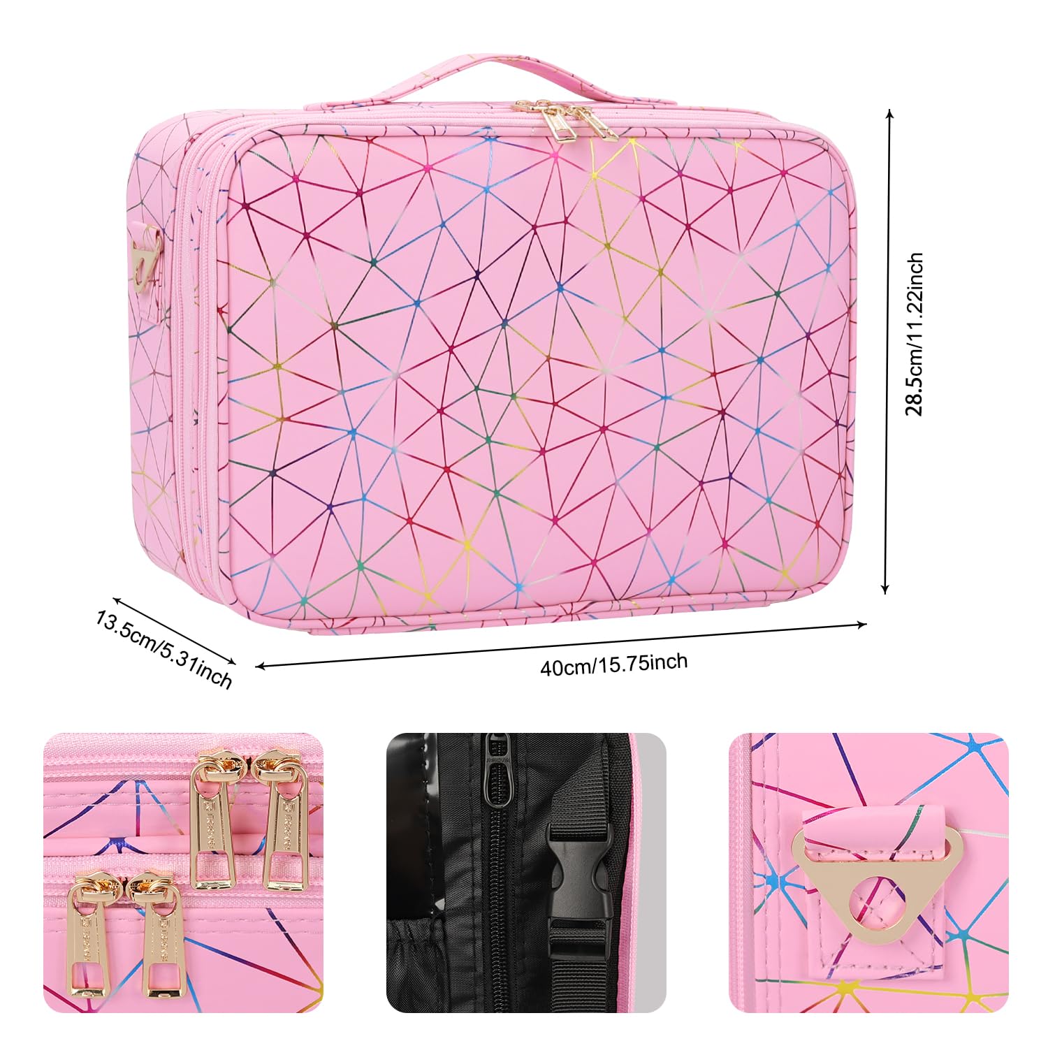 MONSTINA Professional Makeup Case Bag|3 Layers Large Capacity Cosmetic Organizer Brush Bag,Barber Train Case Makeup Artist Box,PU Leather Stylish Geometric Reflection Patterns Pink