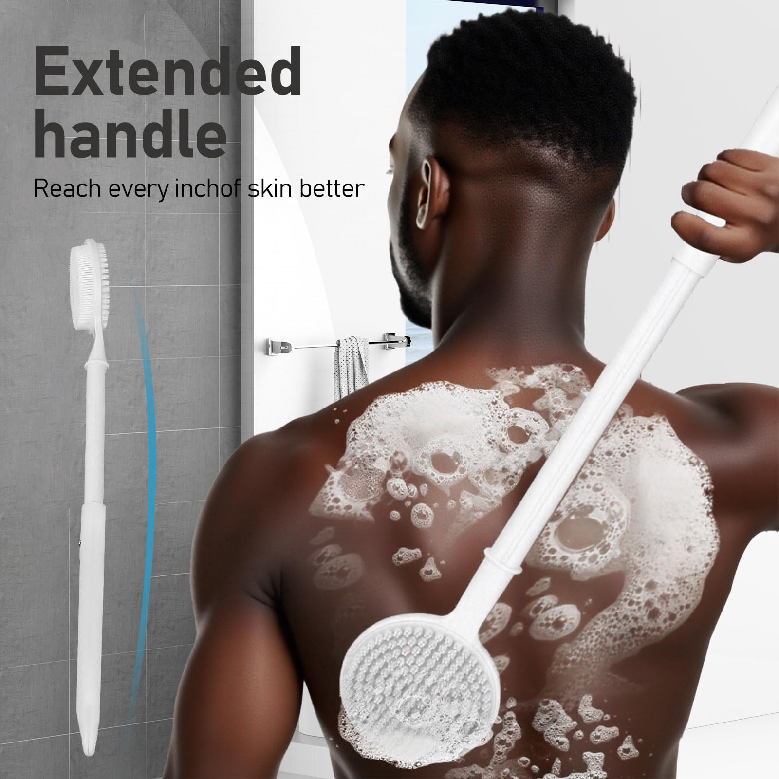 OZNER 24 Inches Silicone Back Scrubber for Shower - Extendable Long Handle Shower Brush with Dual-Sided Bristles - Exfoliating Body Scrubber for Sensitive Skin - Perfect for Men & Women (White)