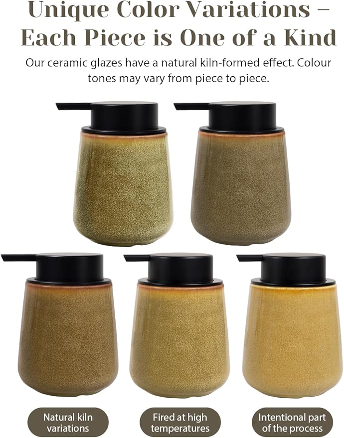 INGOFIN Ceramic Foaming Soap Dispenser - 12 oz Refillable Foam Hand Soap Dispenser Bathroom, Modern Dish Dispenser Pump for Kitchen,Kiln-Glazed Earthy Yellow-Brown
