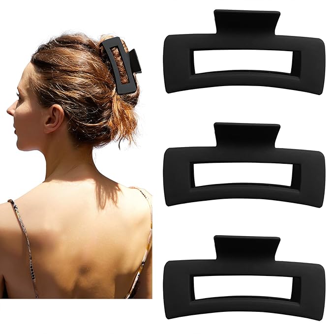 Nalodu Hair Claw Clips Large Square 4 Inch Matte No Slip Big Rectangle Jaw Clip Clamp for Thick Hair Women, 3 Pack Black