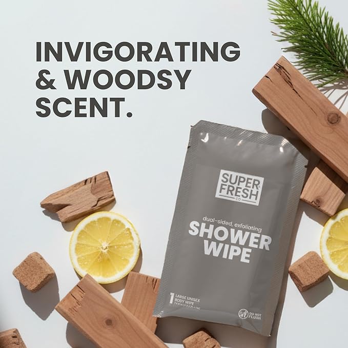 Super Fresh Shower Body Wipes, Travel Essentials for Camping, Large Sandalwood Wipes for Adults, Women, Men, Kids Personal Hygiene Cloth Enriched with Aloe and Vitamin E, Individually Wrapped 10 Pack