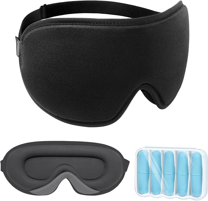 LYSIAN 3D Sleep Mask for Side Sleepers, Blackout Eye Mask with No Pressure on Eyes, Adjustable Comfortable Blindfold with 5 Pairs of Ear Plugs for Sleeping, Travel, Nap, Black
