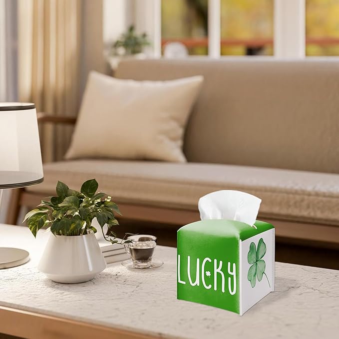 St. Patrick's Day Lucky Clover Design Tissue Box Cover - Green PU Leather Waterproof Tissue Holder - Facial Paper Organizer for Home Bathroom Office -Desk Holiday Decorative Dispenser Box-B07