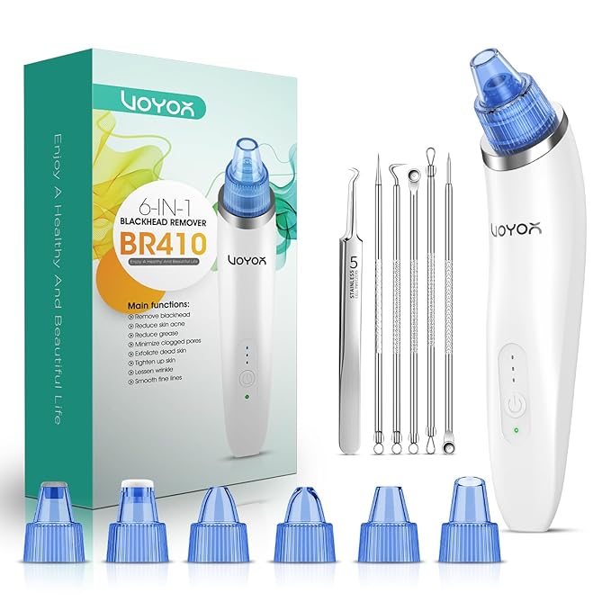 VOYOR Blackhead Remover Pore Vacuum - Electric Face Vacuum Pore Cleaner Acne White Heads Removal with 6 Suction Heads (BR410)