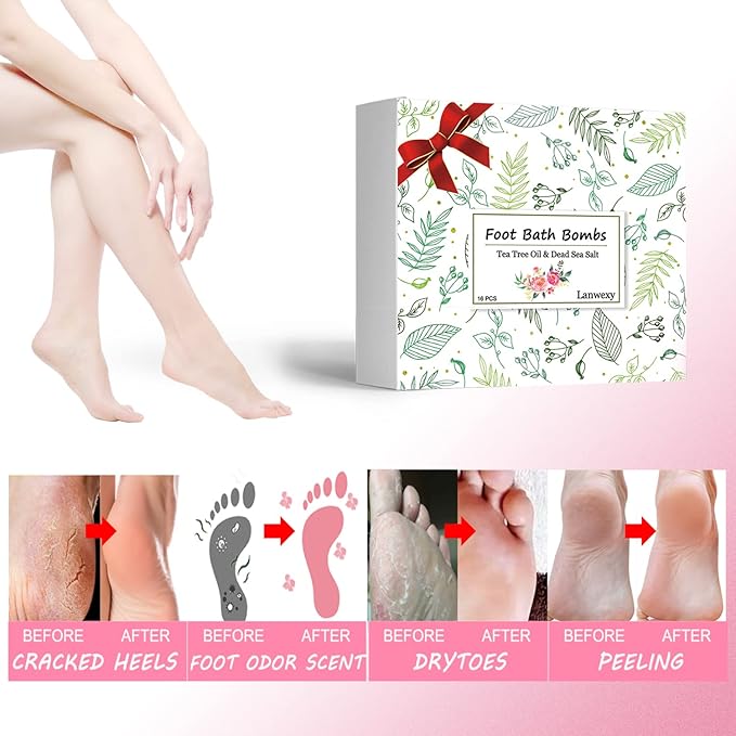 Lanwexy Bath Foot Bombs, 16 Pack Foot Soak with Bath Salt and Tea Tree Oil for Christmas. Organic Natural Handmade Aroma Pure Essential Oil Bubble Feet Balls for Foot Callus, Stubborn Feet Odor Scent.