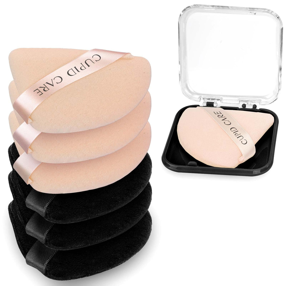 CUPID CARE 6 Pcs Triangle Powder Puff with 2 Travel Cases, Setting Powder Puffs for Face Powder and Foundation, Velour Makeup Puff for Loose Powder Body Powder, Skin-Friendly, Beauty Makeup Tools-Red