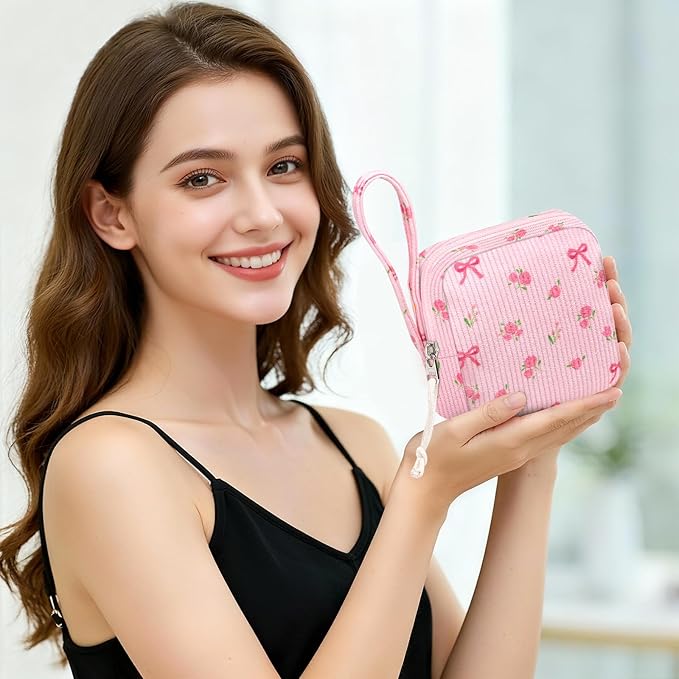 Chicarries Small Makeup Bag | Discreet Period Bag Pad Pouch for Purse| Sanitary Napkin Storage & Tampon Holder for Travel(Flower bow pink)