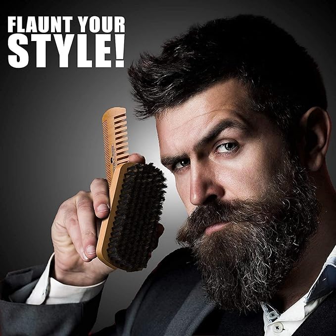 Beard Brush For Men & Beard Comb Set w/Mustache Scissors Grooming Kit, Natural Boar Bristle Brush, Dual Action Wood Comb, And Travel Bag Great For Christmas Gift