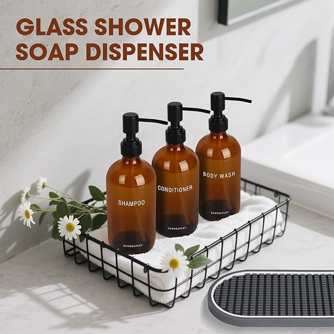 Nemosupery Amber Glass Shampoo and Conditioner Dispenser Set – 16.9oz Refillable Bottles with Stainless Steel Pump, Non-Slip Mat & Waterproof Labels –Shampoo Conditioner Body Wash Dispenser for shower