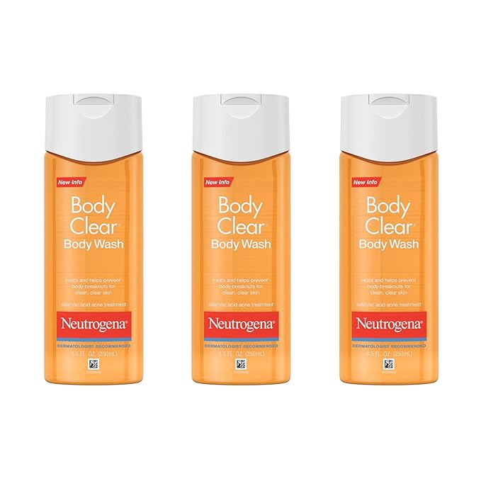 Neutrogena Body Clear Acne Body Wash, 2% Salicylic Acid Acne Medication, Oil-Free & Glycerin for Breakouts on Back, Chest & Shoulders, Non-Comedogenic, Gentle on Skin, Unscented, 8.5 Fl Oz, 3 Pack