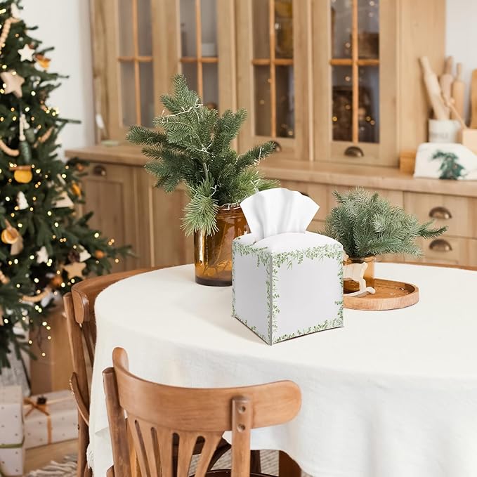 Greenery Tissue Box Cover Square with Bottom Belt, Leather Waterproof Tissue Holder Facial Paper Case Decorative for Tabletop Home Office Bathroom Car Decor -03