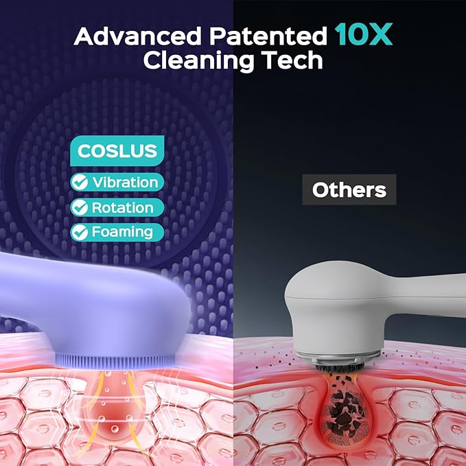 COSLUS FBS03 Face Scrubber Facial Cleansing Brush: 2 in 1 Spin and Vibration Patented, Silicone Electric Exfoliator Scrubber with Automatic Foaming, Waterproof Face Cleanser Brush for Men and Women