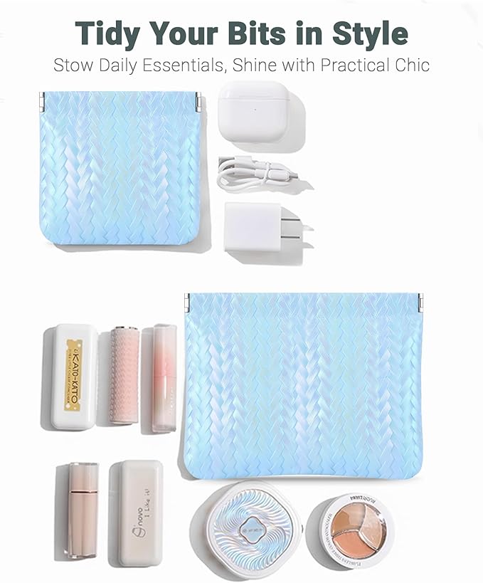 MXXUUOOM 2 Pack Small Makeup Bag for Purse Leather Cosmetic Pouch Organizer, Snap Closure Holographic Woven Makeup Bag, Mini Lipstick Coin Pouch, Travel Makeup Organizer for Women blue