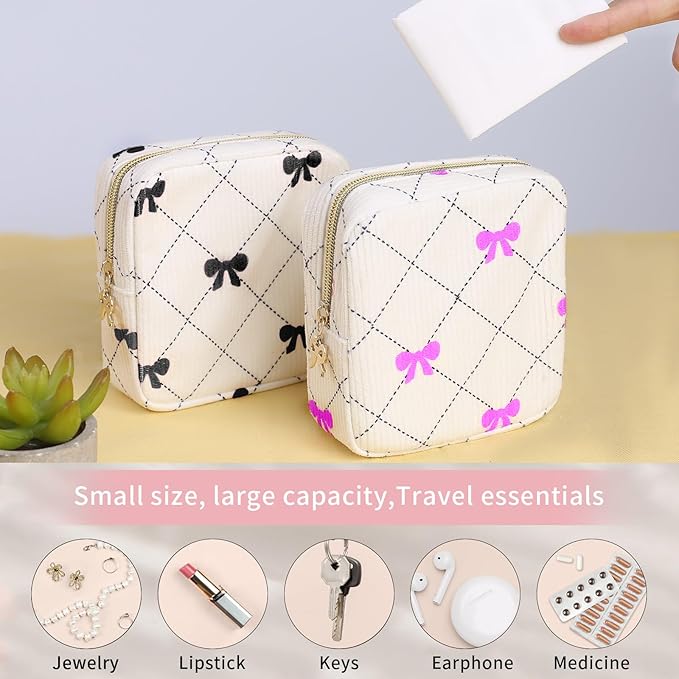 Teircno Period Bag for Women - Cute Corduroy Sanitary Napkin Storage Bag with Bow Design | Period Pouch for Daily Use, Travel | Discreet Menstrual Pouch | Pad Bags for Period Holds Pads, Tampons