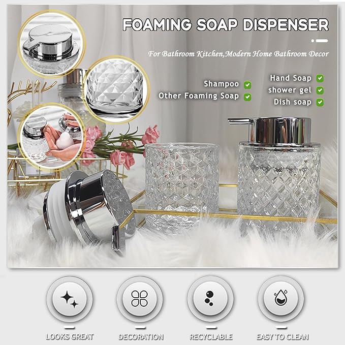 Glass Hand Foaming Soap Dispensers with Silver Pump Refillable Hand Soap Dispenser for Bathroom Kitchen (1Pack-D885)