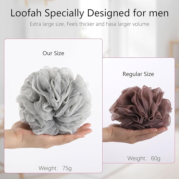 BTYMS 75g/Pc Large Loofah Bath Sponge, XL Exfoliating Puffs Shower Scrunchies Mesh Pouf for Body - Pack of 6