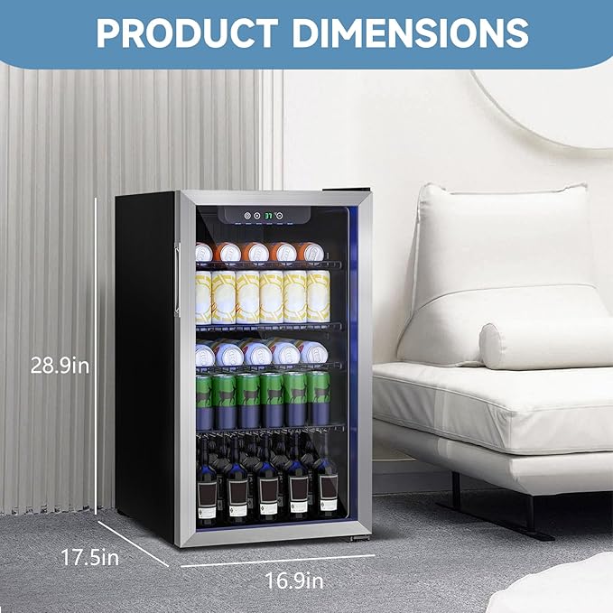 Erivess 3.1 Cubic Feet/110 Can Beverage Refrigerator,17 Inch Fridge with Adjustable Shelve & LED Display for Soda Beer or Wine, Drink Refrigerator for Home Bar Office(Silver)