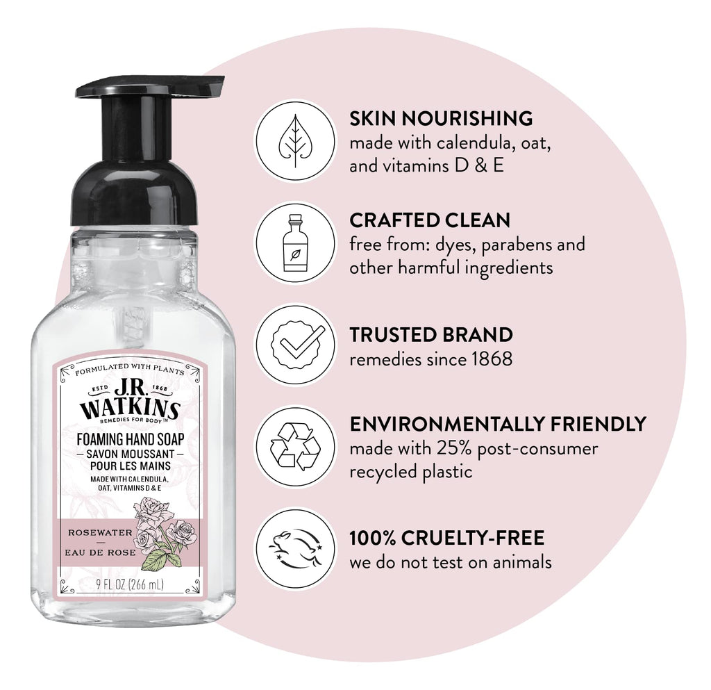 J.R. Watkins Moisturizing Foam Hand Soap Dispenser 3 Pack, Rose, 9 fl oz
