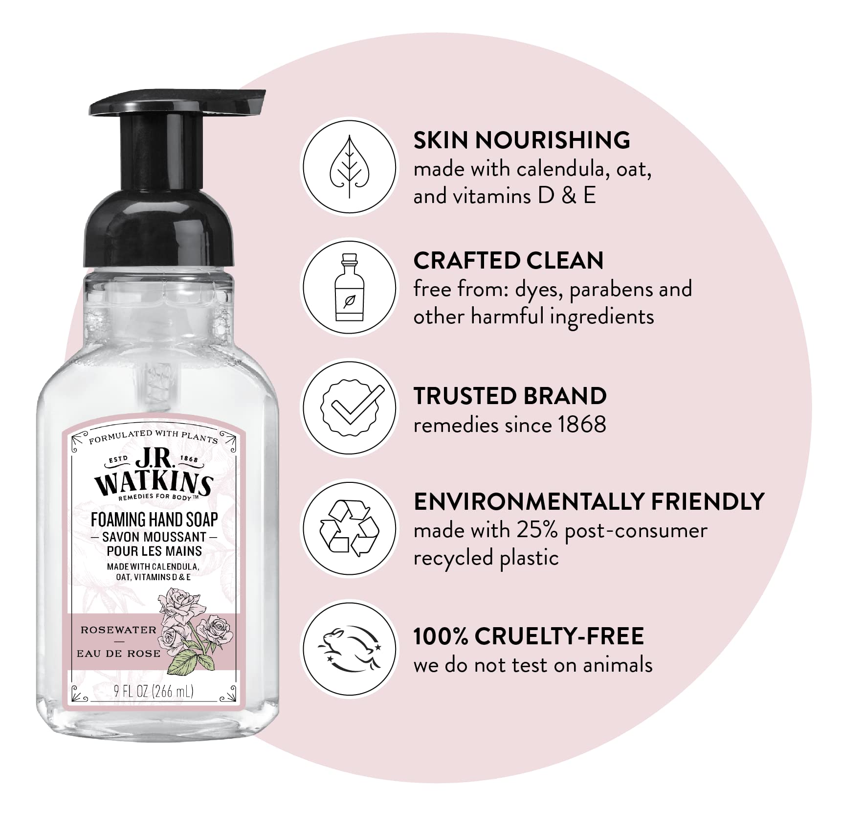 J.R. Watkins Moisturizing Foam Hand Soap Dispenser 3 Pack, Rose, 9 fl oz