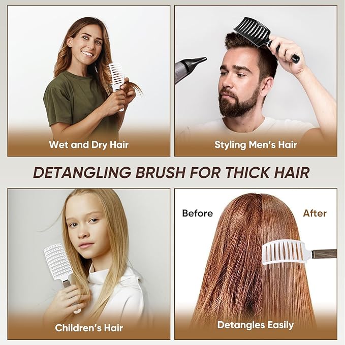 Kertiberif 2 Pack Curved Vented Detangling Brush for Wet and Dry Hair, Paddle Styling Hair Brush for Faster Blow Drying, Detangler Brush for Women Men Curly Thick Hair