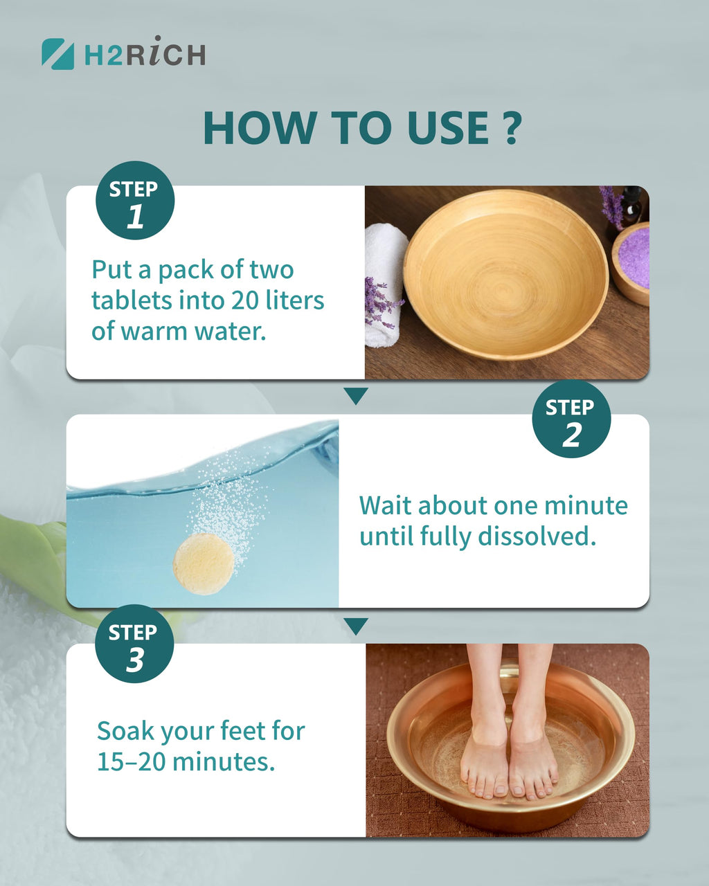 H2RICH Hydrogen Foot Soak Effervescent Tablets 6 Pack | Ginger & Mugwort Herb Foot Bath, Relaxing Spa Pedicure Care | Improves Circulation, Soothes Tired Feet, Softens Calluses, Controls Odor