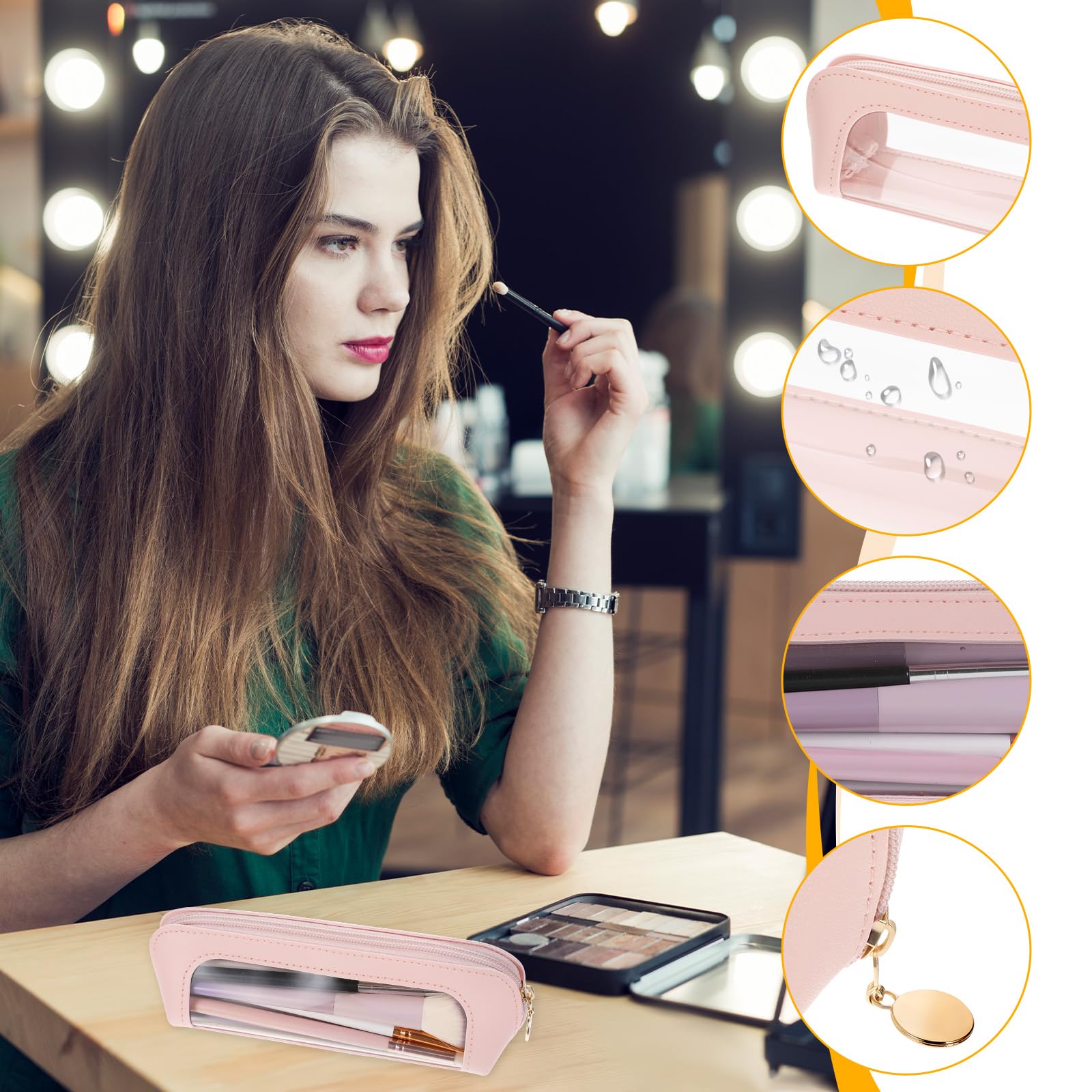 Lusofie Small Clear Makeup Bag, PU Leather Makeup Brush Bag, Portable Clear Make-Up Brush Pouch with Zipper, Multi-use Cosmetic Organizer Bags for Women (Pink)