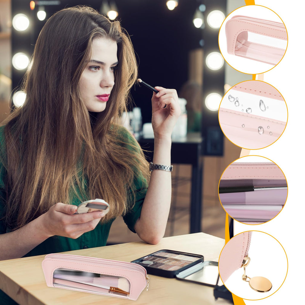 Lusofie Small Clear Makeup Bag, PU Leather Makeup Brush Bag, Portable Clear Make-Up Brush Pouch with Zipper, Multi-use Cosmetic Organizer Bags for Women (Pink)