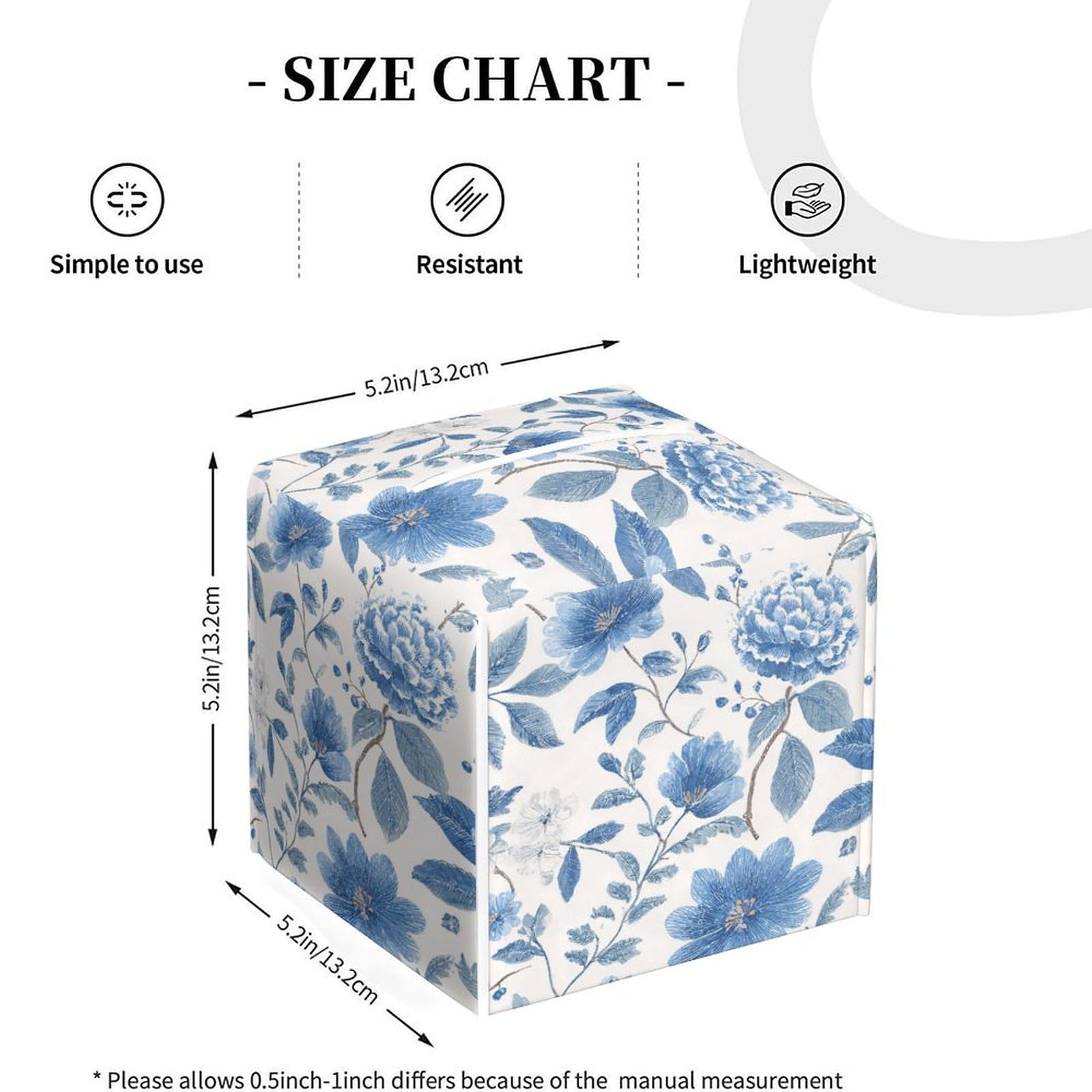Floral Tissue Box Cover Blue Leather Tissue Box Holder Square Facial Paper Organizer Dispenser for Bathroom Kitchen Bedroom Vanity Countertop Night Stands