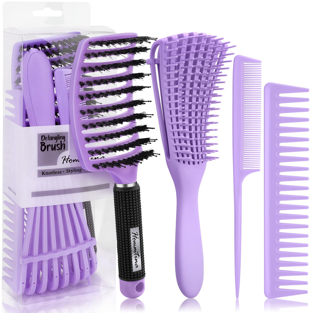 Hommtina Detangling Brush 4 Pack Curly Hair Brush Getting Shine and Makes Hair Smooth, Detangler Boar Bristle Hair Brush for Adult & Kids Wet or Dry Hair (4 PCS, Purple)