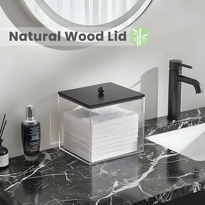 Puricon Acrylic Disposable Facial Towels Holder, Clear Storage Bin with Wood Lid Compatible with Clean Skin Club Towel (NOT Included), Face Towelettes Container for Bathroom Counter -Black