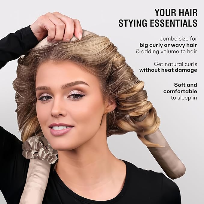 BLINKEEN Jumbo Heatless Hair Curler Set-Satin Heatless Curls Overnight, Jumbo Curling Rod Headband, No Heat Curlers To Sleep in (Beige)