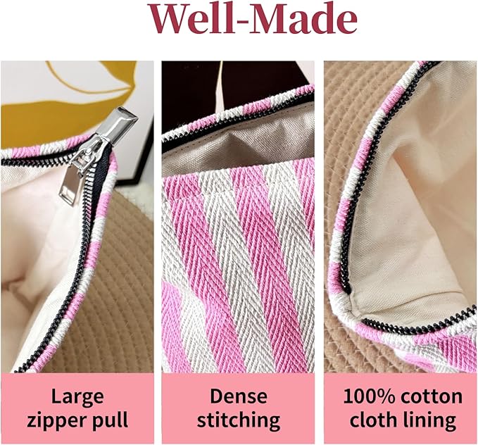 itgowisa Pink Striped Makeup Bag, Travel Makeup Pouch for Women, Purse
