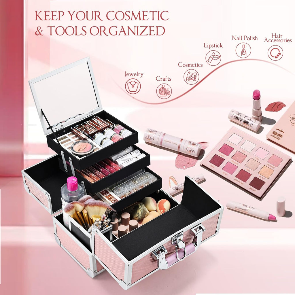 Joligrace 3-Tray Makeup Case with Mirror & Brush Holder, 11.6" Mermaid Pink