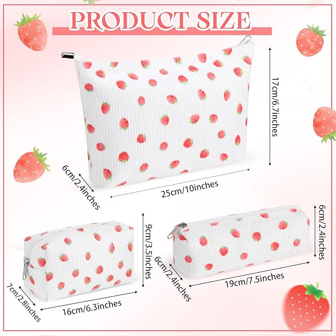 Huhumy 3 Pcs Makeup Bag Set for Women Corduroy Cosmetic Pouch Aesthetic Smile Travel Toiletry Bag Cute Purse Pouch Pencil Case Makeup Brushes Storage Organizer with Zipper(White,Strawberry)