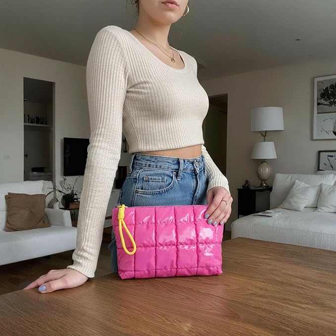 Beayuva Puffer Quilted Makeup Bag Travel Cosmetic Bag Portable Puffy Checkered Toiletry Pouch Skincare Organizer Purse Pencil Case (Hot Pink)