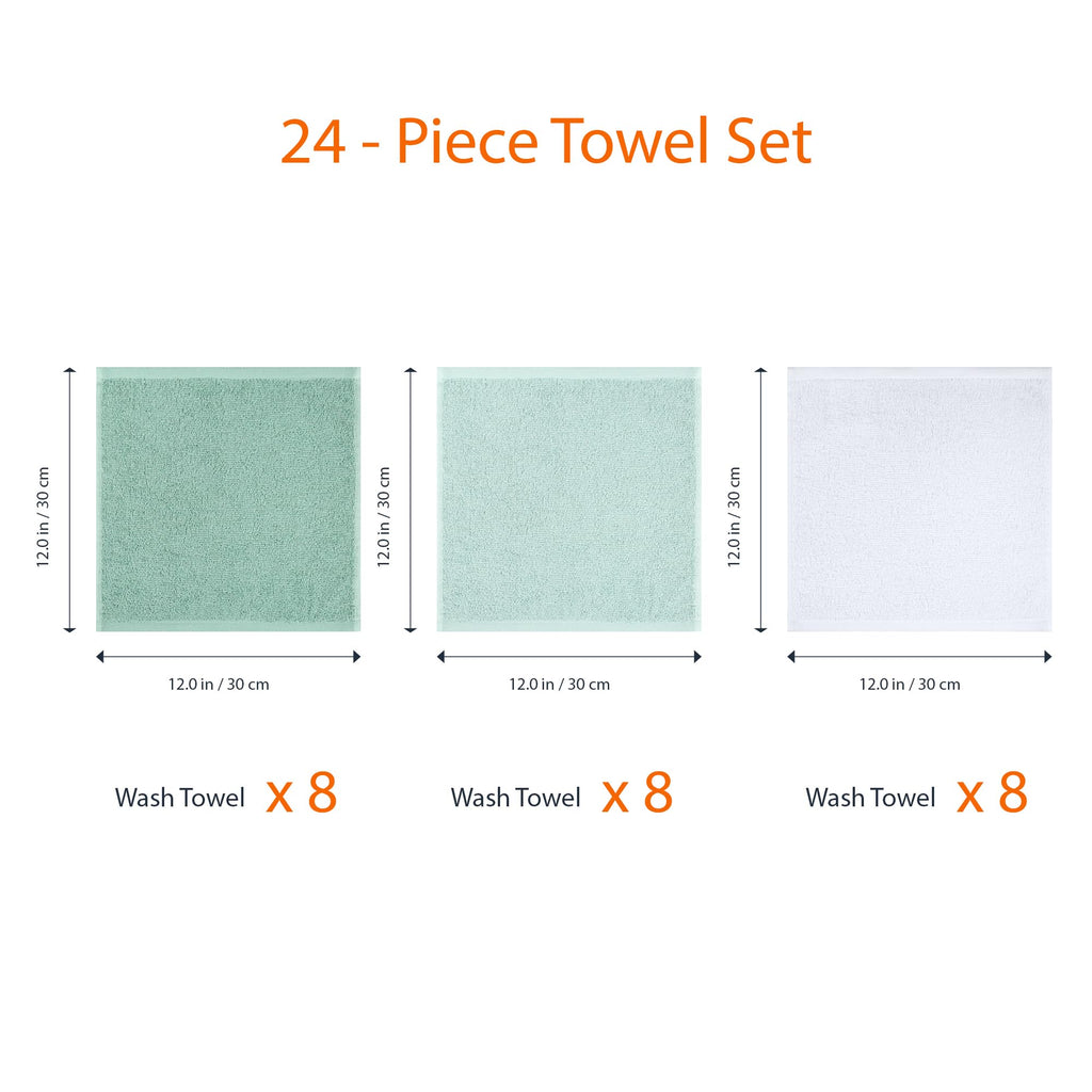 Amazon Basics Highly Absorbent, Soft & Durable 100% Cotton Washcloths for Bathroom, Body and Face, Lightweight, Fast Drying, 12 x 12 inches, Seafoam Green, Ice Blue, White, 24-Pack