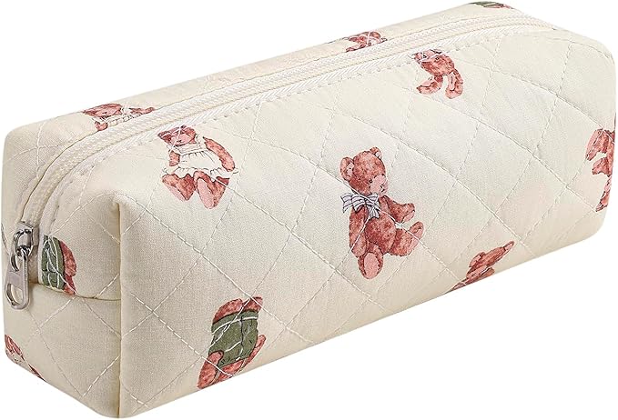 WHHJM Cute Floral Makeup Brush Bag Small Cotton Quilted Cosmetic Bag for Women Travel Toiletry Zipper Make Up Pouch (Bear)
