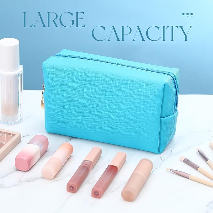 Kigeli Aesthetic Makeup Bags PU Leather Cosmetic Pouches Waterproof Plain Toiletry Bags Makeup Pouches Bulk for Women Party Gift Travel Storage Organizer(Blue Teal,7.1 x 2.8 x 4.3 in)