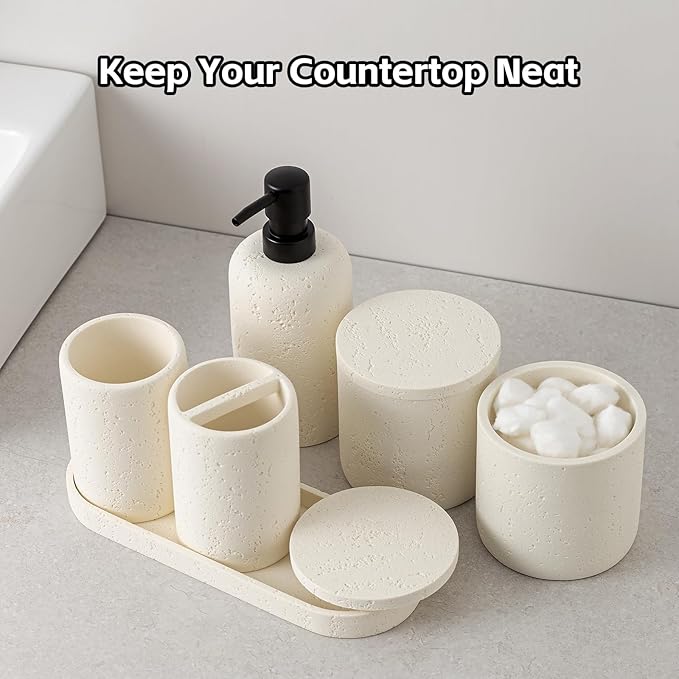 WUUAHOME Bathroom Accessories Set, Travertine Stone-Look, 6 PCS Bathroom Accessory Set with Soap Dispenser, Toothbrush Holder, Tumbler, Vanity Tray, Cotton Swab Jars for Countertop (Off White 6 PCS)