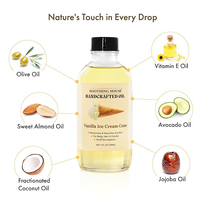 Soothing House Vanilla Ice Cream Cone Body Oil - Premium Non-Greasy Oil & Body Moisturizer for Dry Skin & Glowing Skin with Sweet Almond, Jojoba, and Vitamin E Oil, 4 Fl OZ