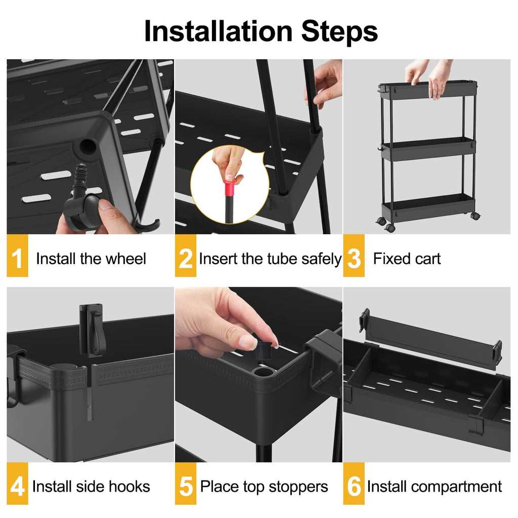 SPACELEAD Slim Storage Cart 4 Tier,Bathroom Organizer Rolling Utility,Mobile Shelving Unit Slide Out for Office, Kitchen, Laundry Room & Narrow Places,Black